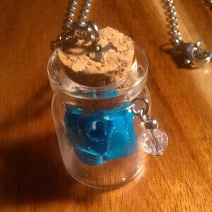 Blue Rose in a Corked Bottle Stainless Steel Pendant Necklace